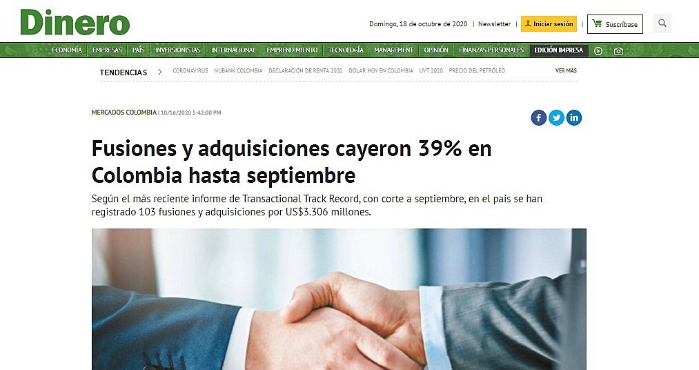 Fusiones y adquisiciones cayeron 39% en Colombia hasta septiembre